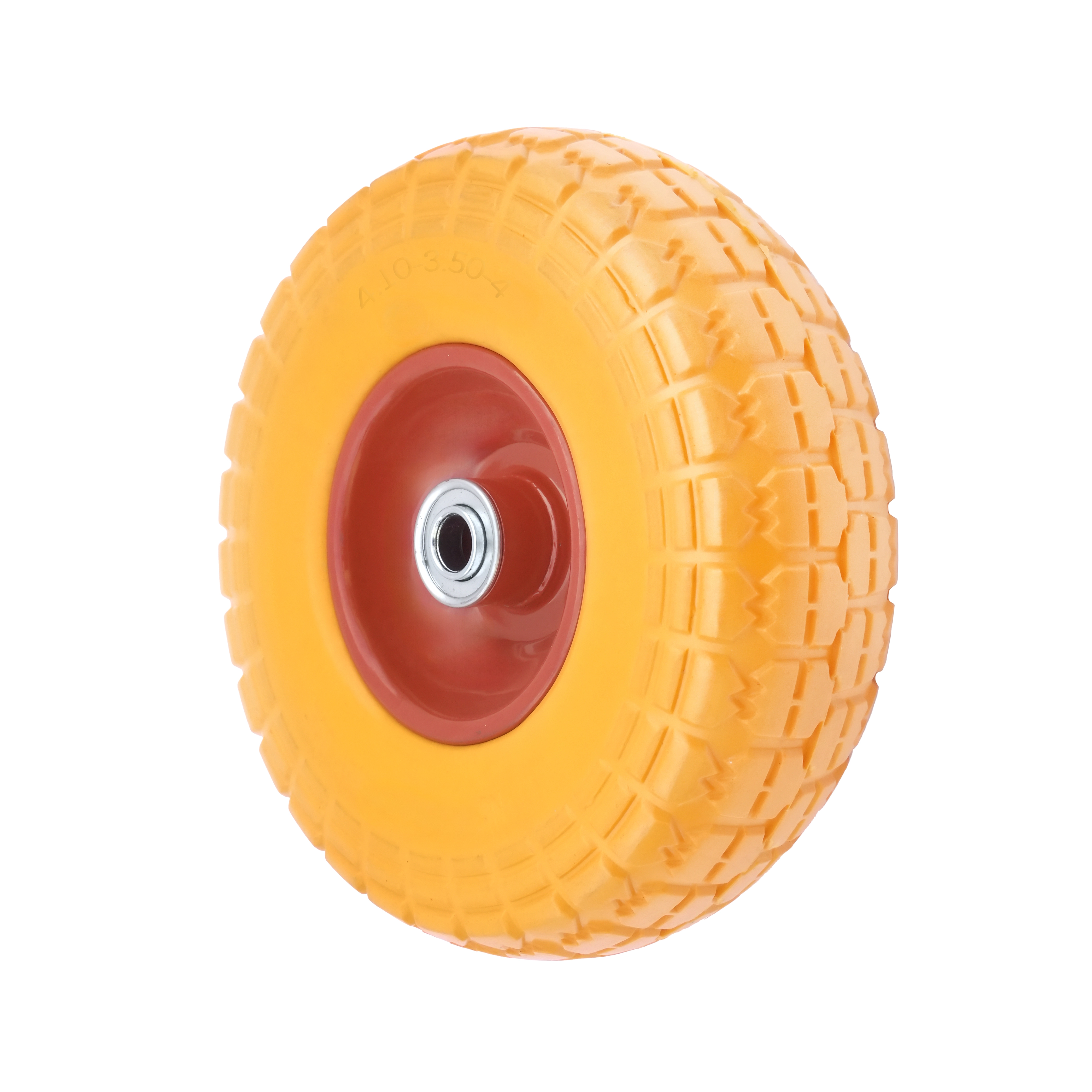 PU 1802-16 - Колесо для тачки / тележки полиуретановое бескамерное 4.10/3.50-4, сварной диск, диаметр 260 мм, ось 16 мм, металлический обод, симметричная ступица, шариковый подшипник
