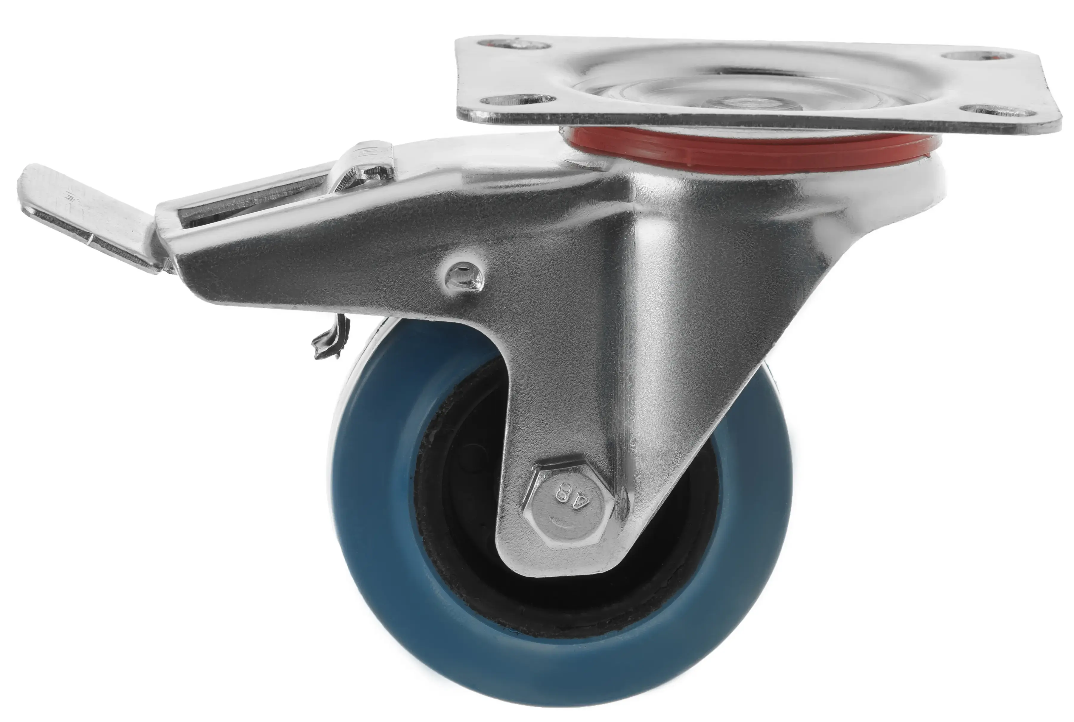 Колесо поворотное с тормозом, платформенное крепление, синяя резина, диаметр 80мм - SCLb 93